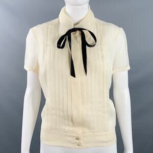 CHANEL Vintage 2003 Cruise 8 Cream Black Silk Sheer Pleated Short Sleeve Blouse